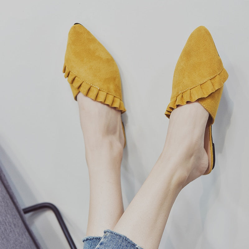 RACHEL - Ruffle Suede Mules Suede