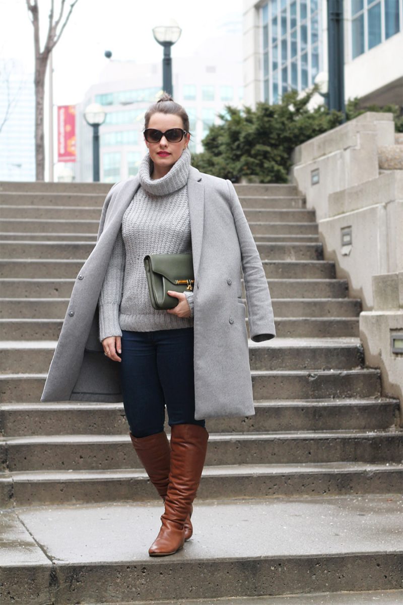 Casual Outfit Inspiration, Grey on Grey, Brown Knee Boots, Winter Fashion