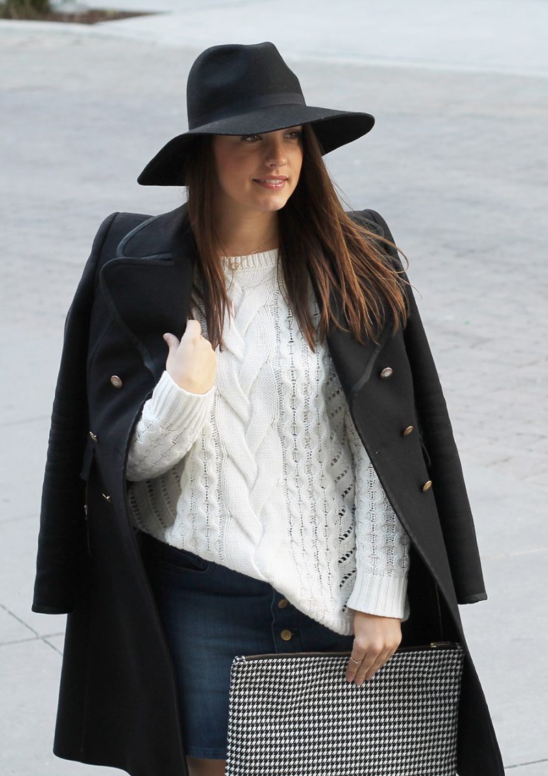 white cable knit sweater, express outfits, black fedora hat, black wool coat