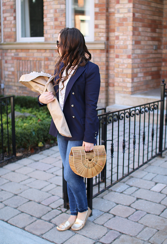 Navy-Blazer-Skinny-Jeans-Gold-Loafers-Bamboo-Clutch- – A Side Of Style