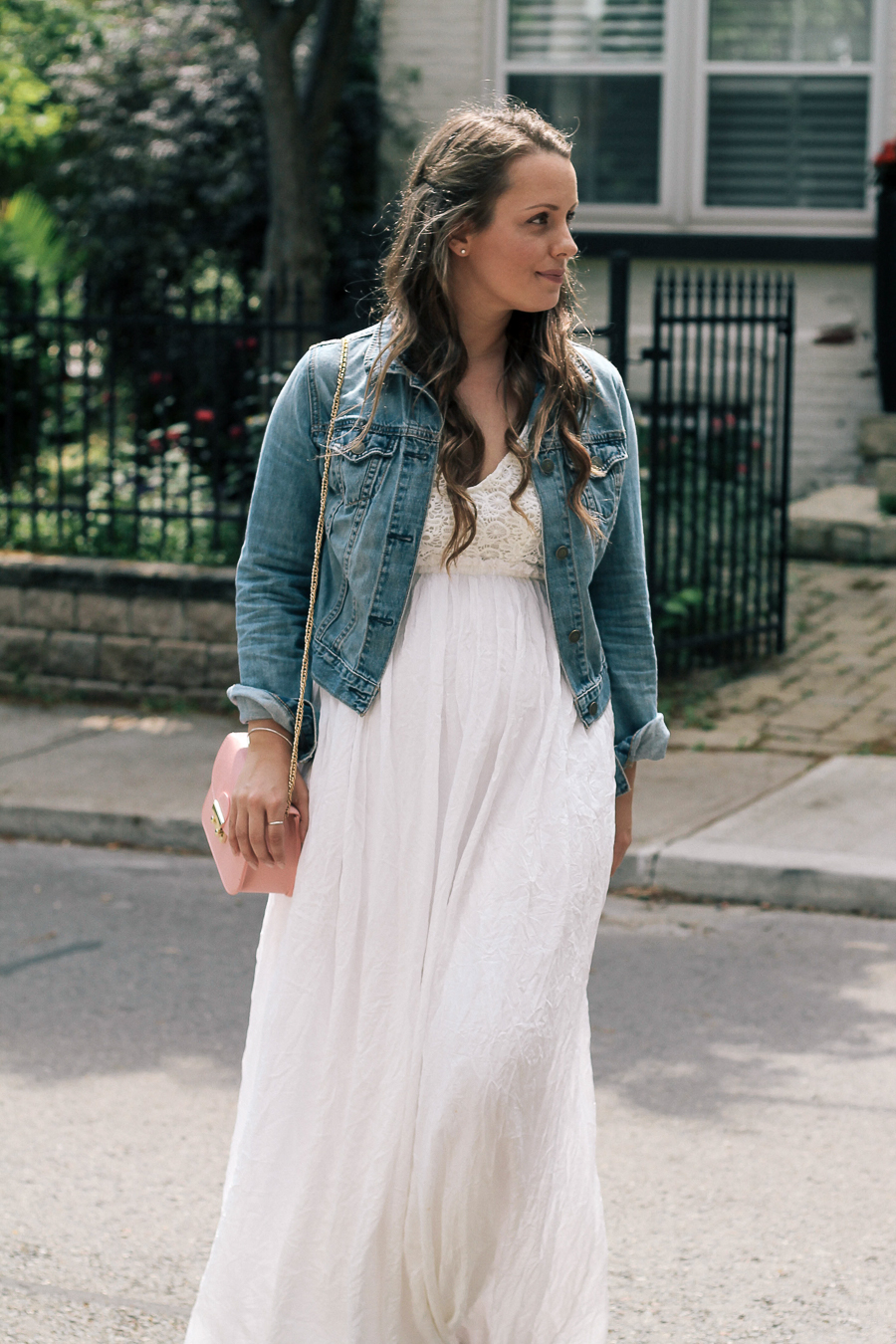 white dress and jean jacket