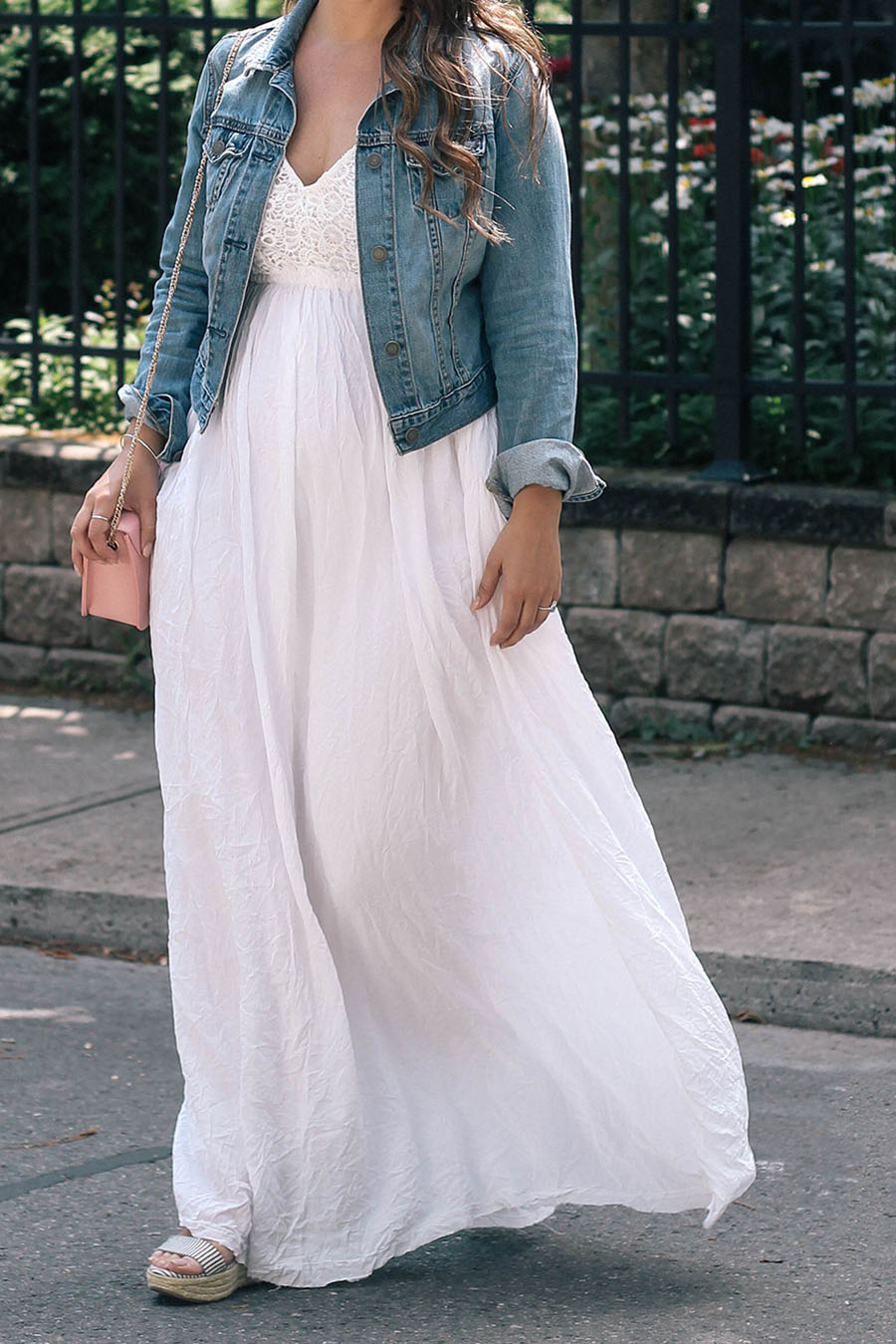 white-maxi-dress-with-denim-jacket-fashion-style-ideas - A Side Of Style