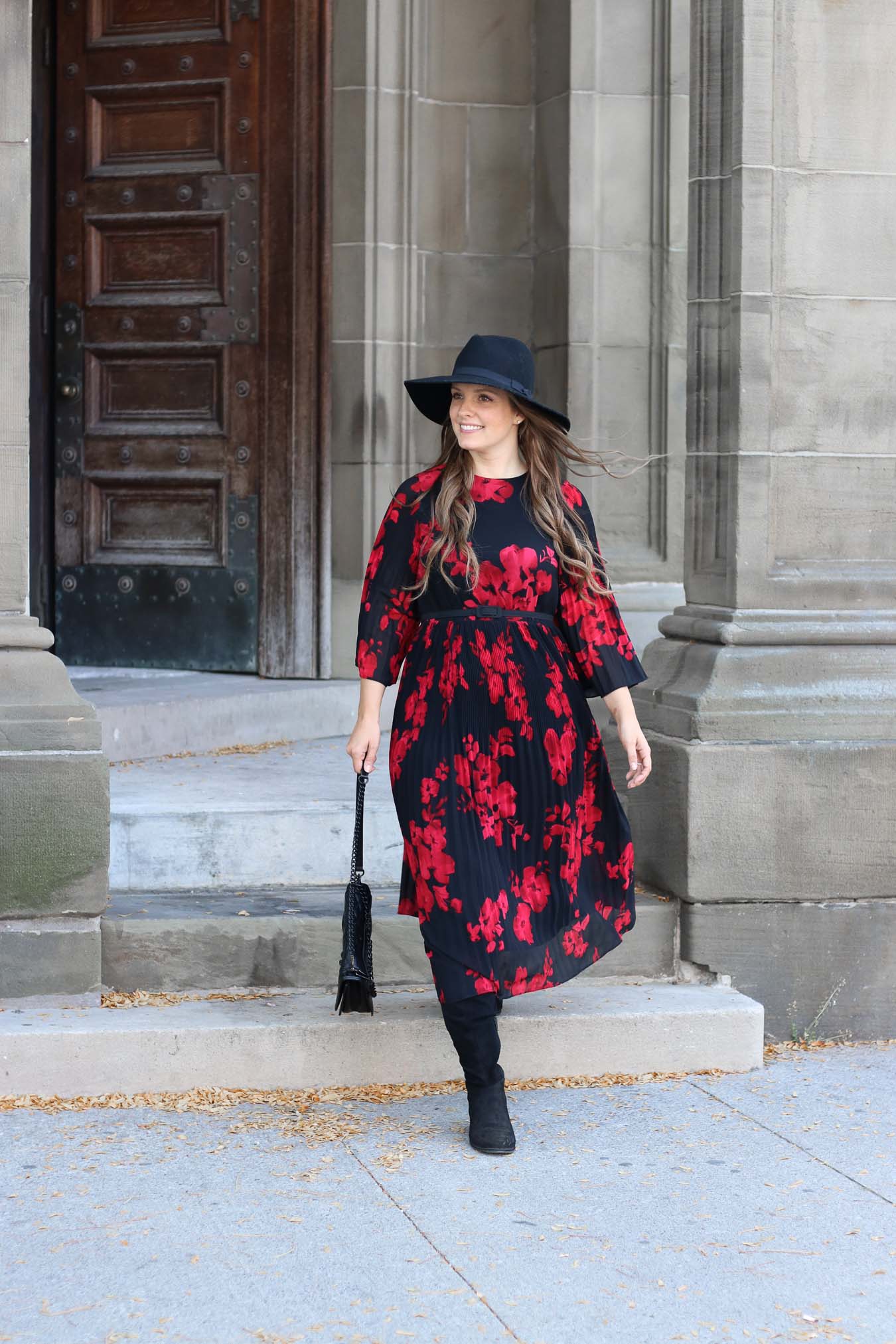 Red and Black Floral Midi Dress, Fall Winter Outfit Ideas