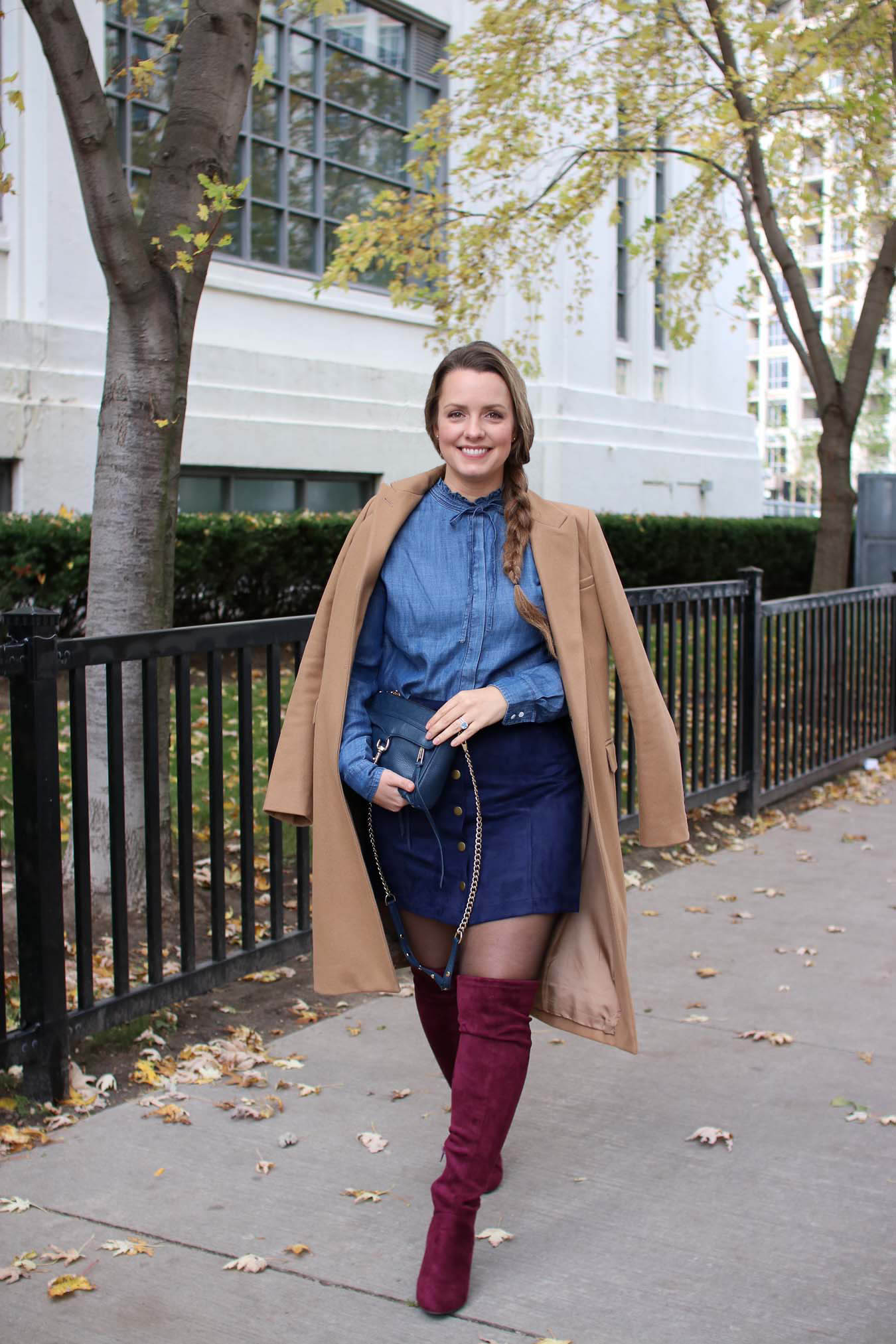 Outfit Ideas, Camel Coat, Chambray Shirt, Burgundy Over The Knee Boots, Button Up Skirt