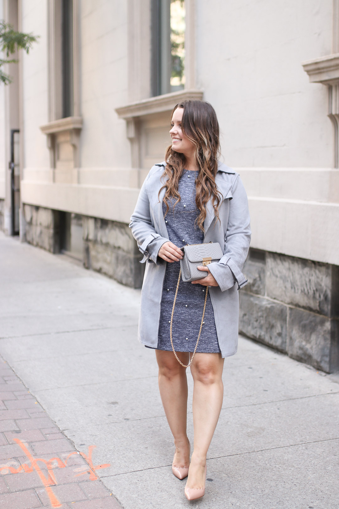 grey knit dress long sleeve, fall outfit ideas 2018, suede trench coat women